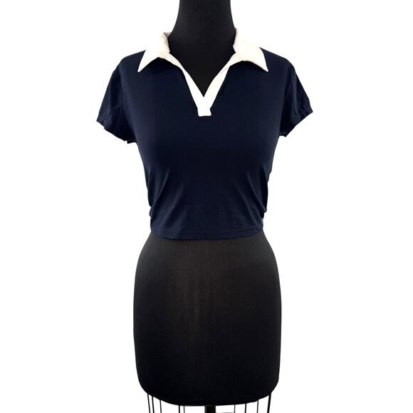 Splits59 Navy White Blue Crop Workout Top Airweight Collar V Neck Pullover Small - Picture 1 of 5